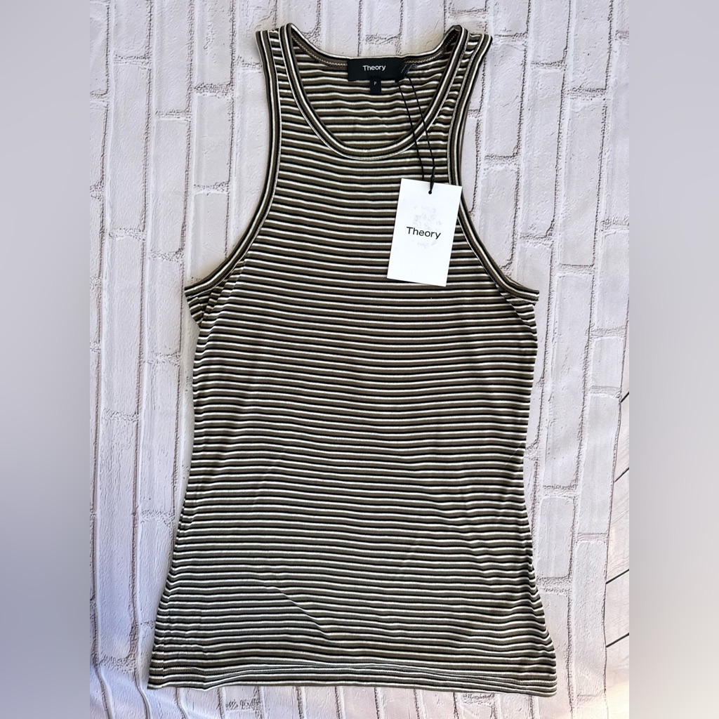 Theory Khaki And White Striped Tank Top Size P